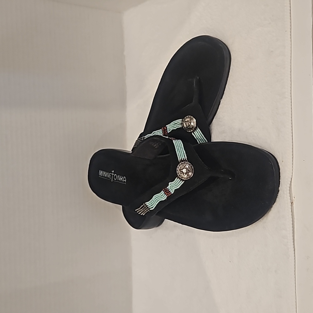 Minnetonka | Women's Suede Leather Beaded Southwest Slip-On Sandals Sz 11